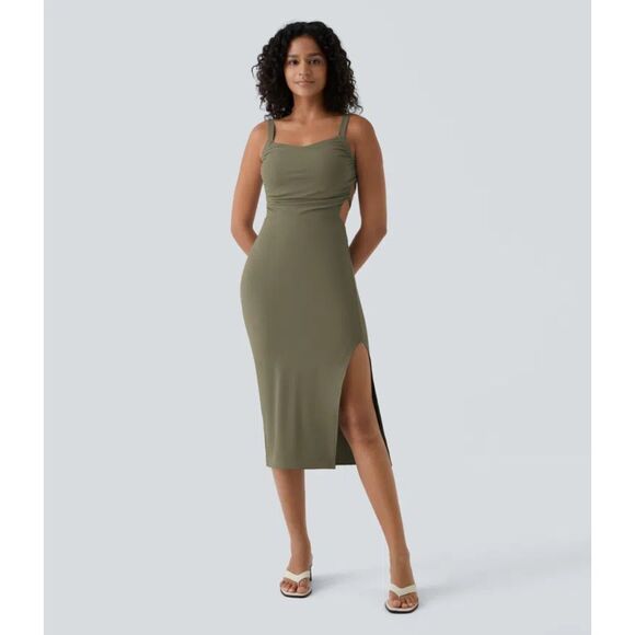 HALARA NWT Softly Zero Airy Green Ruched Lace Up Bodycon Dress Size Medium - Picture 1 of 12